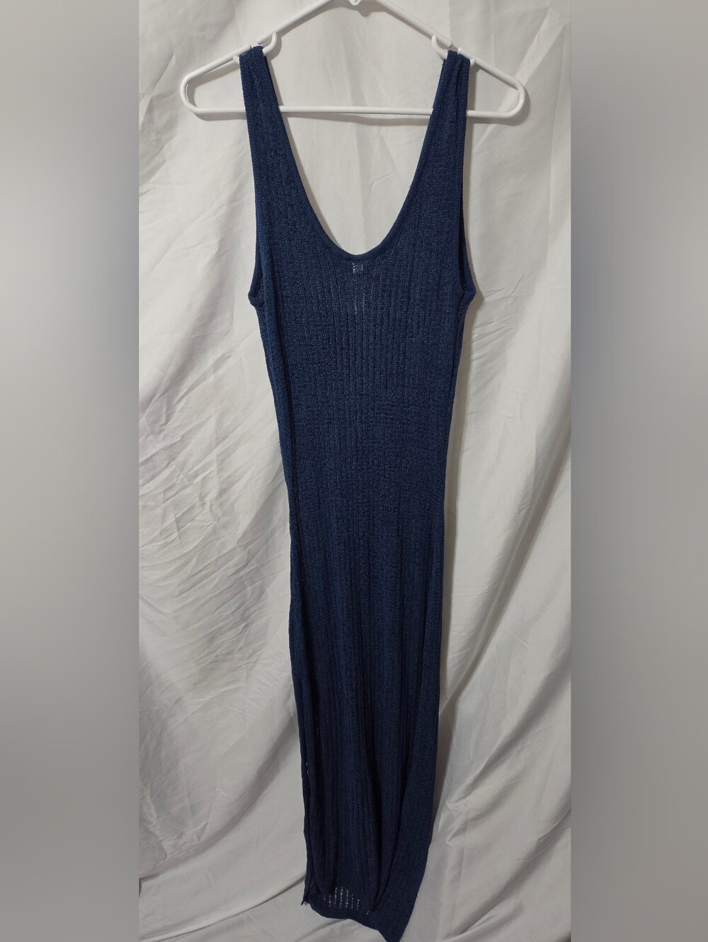 Blue Scoop Neck Maxi Tank Dress Swim Cover-Up, Open Knit Design, Size Large, New